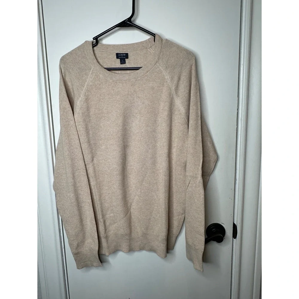 J.Crew Mens Textured Cotton Crewneck Sweater Beige CD617 Raglan Pullover L NEW
